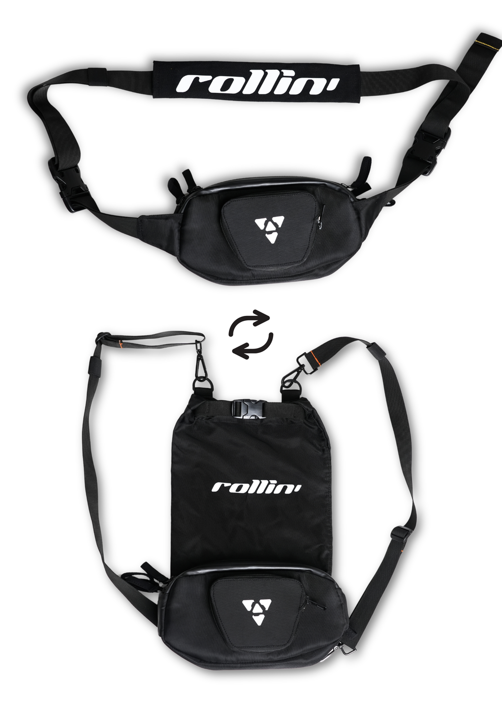 Black Shift-Pack shown as a compact fanny pack above its expanded backpack configuration.