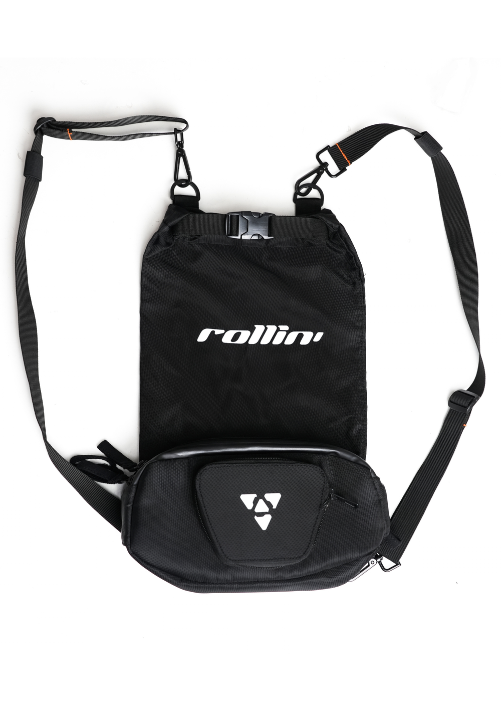 Shift-Pack backpack configuration with two shoulder straps and a detachable front zip pocket.